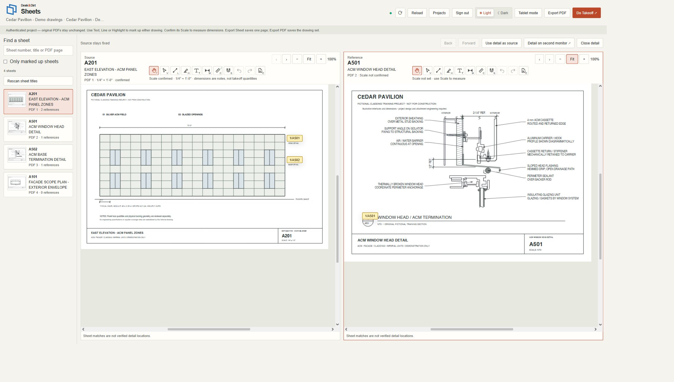 Sheets workspace showing the A201 facade elevation alongside its A501 window-head detail on the fictional Cedar Pavilion project