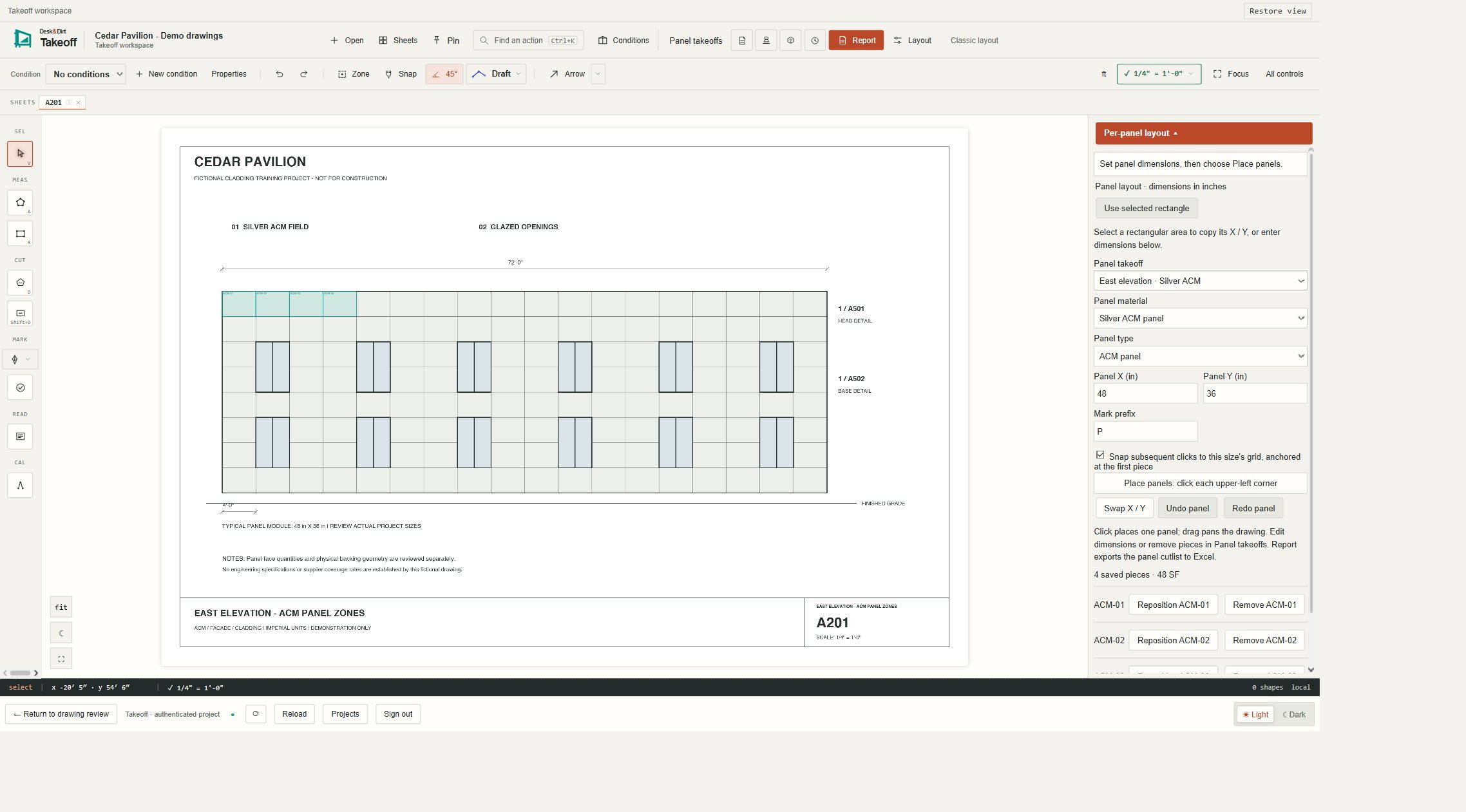 Takeoff workspace showing a fixed-size panel layout on the fictional Cedar Pavilion facade